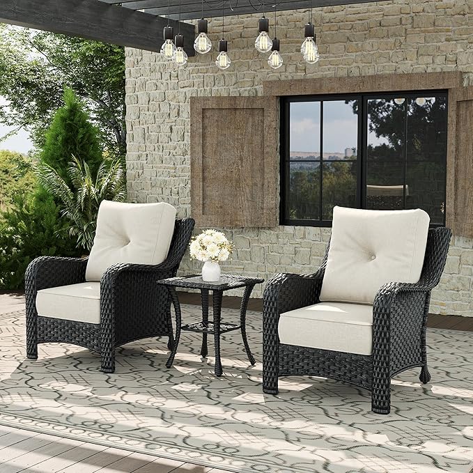 3 Piece Patio Furniture Set, All-Weather Wicker Outdoor Conversation Set with Rattan Chair and 6 Inch Thick Cushions