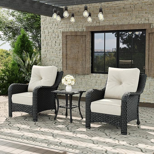3 Piece Patio Furniture Set, All-Weather Wicker Outdoor Conversation Set with Rattan Chair and 6 Inch Thick Cushions