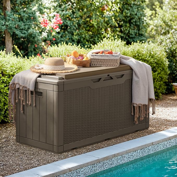 Greesum 100 Gallon Resin Deck Box Large Outdoor Storage with Cushions for Patio Furniture, Garden Tools, Pool Supplies, Weatherproof and UV Resistant, Lockable, Light Coffee
