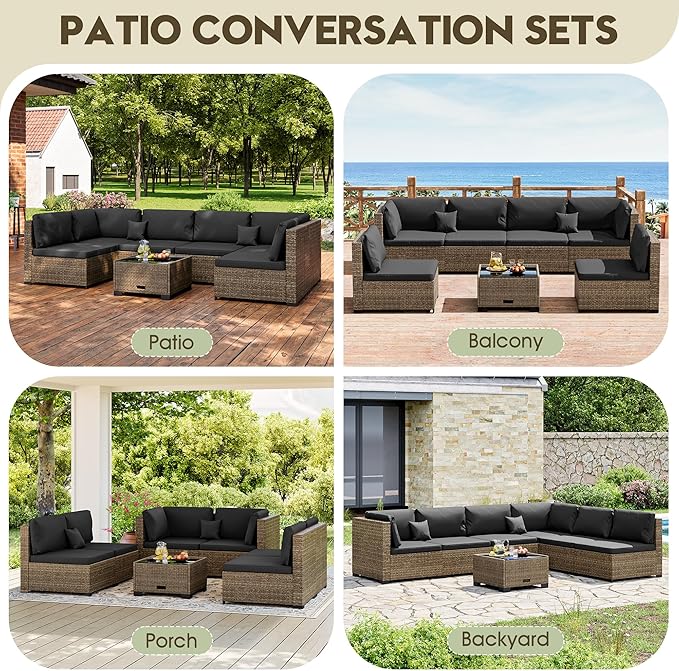 7 Piece Patio Sectional Furniture Set Outdoor Furniture Patio Conversation Sets & Patio Sectional - Hand-Woven Wicker Outdoor Sectional Black Cushions Glass Table