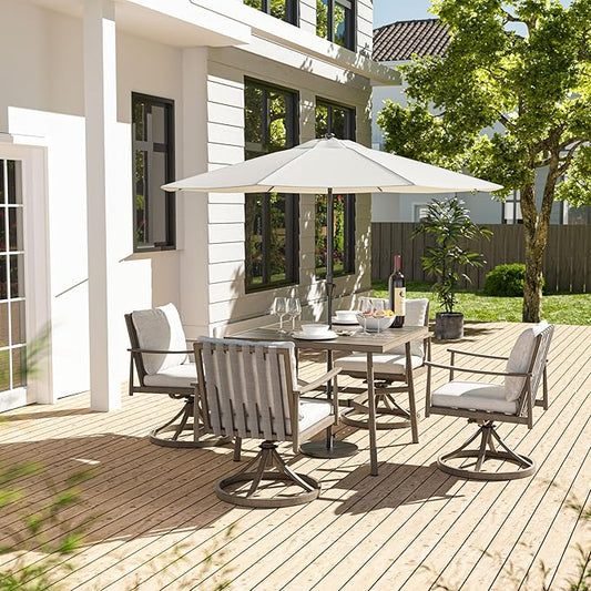 HAPPATIO 5-Piece Outdoor Dining Set for 4, Aluminum Patio Dining Set Includes 1 Large Square Table with Umbrella Hole & 4 Swivel Dining Chairs, Patio Furniture Set for Lawn, Porch, Backyard (Grey)