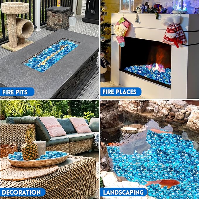 GasSaf Caribbean Blue Fire Glass Cubes for Outdoor Fire Pit, Fireplace, Replaces Existing Gas Logs & Lava Rocks, 1 Inch Glass(20 Pound)(Caribbean Blue Luster)