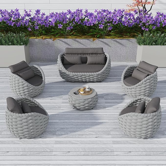 TWT Aluminum Outdoor Patio Furniture Set with Coffee Table, 6 Piece Patio Conversation Sets with Washable Cushions Covers, Patio Sectional Furniture Set for Porch, Balcony, Deck, Yard