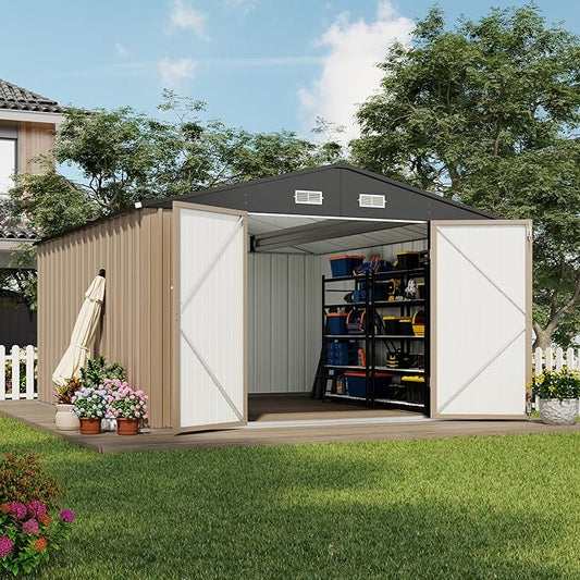 Devoko 10x12 FT Outdoor Storage Shed, Large Metal Storage Sheds with Lockable Door, Utility Garden Tool Shed with Sloping Roof, Outside Steel Storage Sheds for Patio Lawn Backyard, Brown