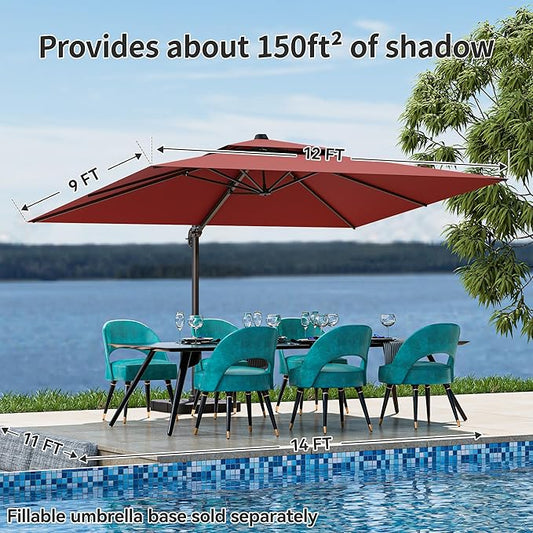 9x12FT Cantilever Patio Umbrella - Heavy Duty Double Layer Offset Design with 360° Rotation, Large Rectangle Sun Shade Umbrella for Garden, Deck, Pool, Backyard, Red