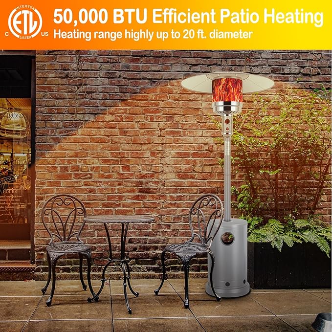 Hykolity 50,000 BTU Propane Patio Heater, Stainless Steel Burner, Triple Protection System, Wheels, Outdoor Heaters for Patio, Garden, Commercial and Residential, Silver