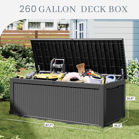 31 Gallon Resin Deck Boxes Waterproof, Waterproof and UV Resistant Outdoor Storage Box Lockable Lid for Delivery Box, Indoor, Garden Tools, Pool Supplies, Patio (Black, 260 Gallon)