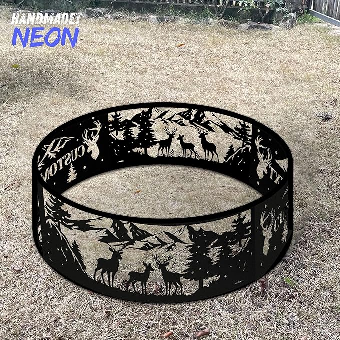 Personalized Deer Fire Pit Ring 360 Degree, Outdoor Fireplace, Custom Text Fire Pits for Outside Wood Burning, Patio Firepit, Camping Bonfire Firepits, BBQ Backyard Garden Decor