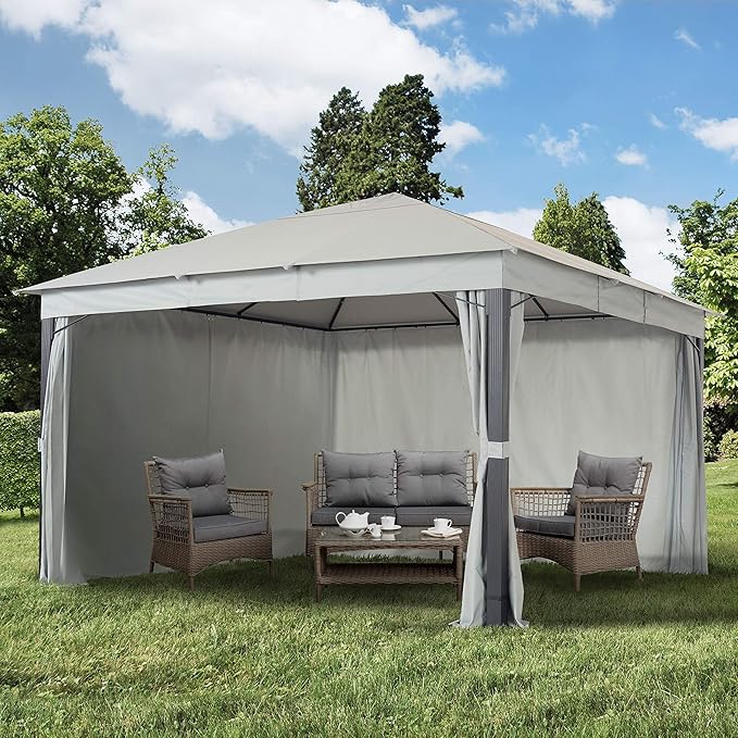 TOOLPORT Gazebo 13x13 ft with Approx 6.5 oz/yd² Waterproof Tarp Roof - Pavilion with 4 Curtains in Gray