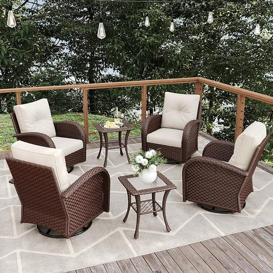 6 Pieces Patio Furniture Sets, Wicker Rattan High Back Outdoor Swivel Rocking Chairs Set with Side Table