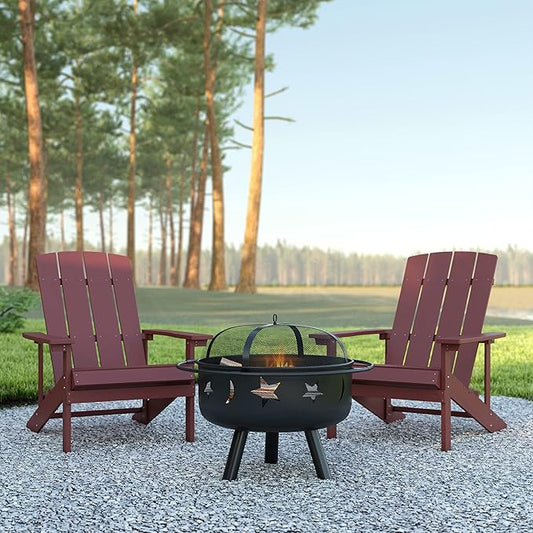 EMMA + OLIVER Campfire Set - Two Red Poly Resin Adirondack Chairs - 29" Star and Moon Fire Pit with Mesh Cover - Weather Resistant - Wood Burning Fire Pit