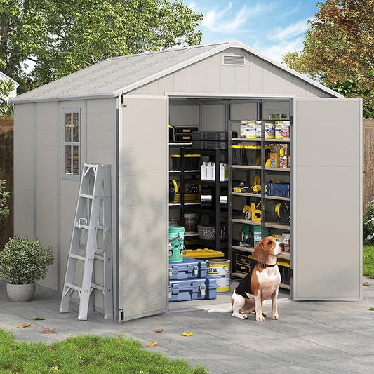 Amopatio 8x8 Storage Shed, Resin Outdoor Shed with Floor Included, Plastic Sheds Outdoor Storage for Bike, Garden Tools, Sheds & Outdoor Storage with Lockable Door, Window & Vents, Sandstone