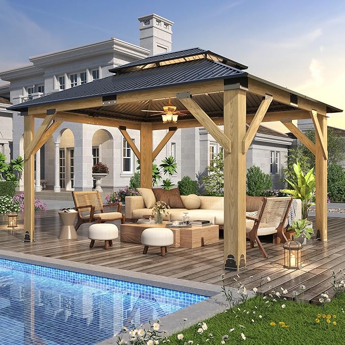 GARTOO 11’x13’ Outdoor Wooden Gazebo - Patio Galvanized Steel Gazebo with Double Vented Roof, Heavy-Duty Wooden Gazebos for Garden, Lawn, Poolside, Backyard Deck