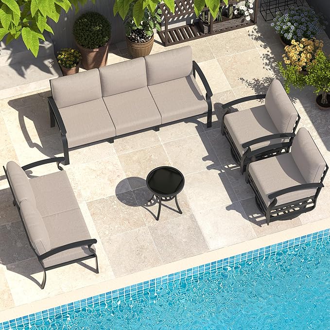 Aluminum Patio Furniture Set, 7 Seats Outdoor Patio Conversation Set with Swivel Chair Modern Metal Patio Sectional Sofa with Upgrade Cushions for Patio, Backyard Sand