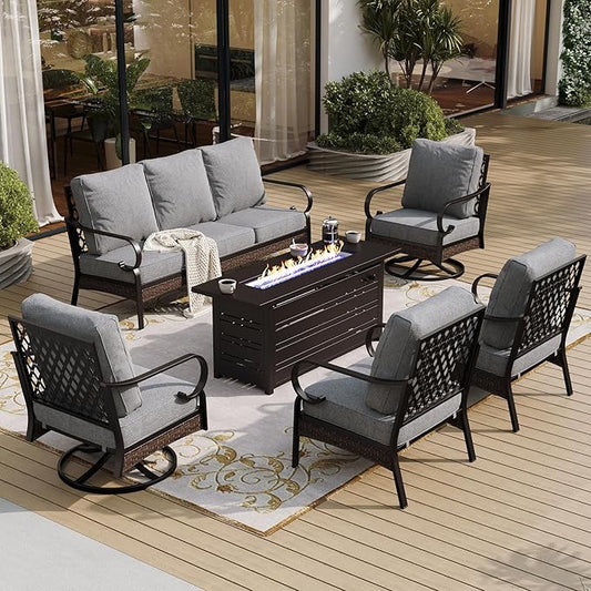6 Piece Black Metal Outdoor Patio Furniture Sets with Firepit Table, Patio Conversation Sets 1 3-Seater Sofa, 2 Leg Sofa and 2 Swivel Sofa with 5.75" Cushion for Backyard Deck, Gray