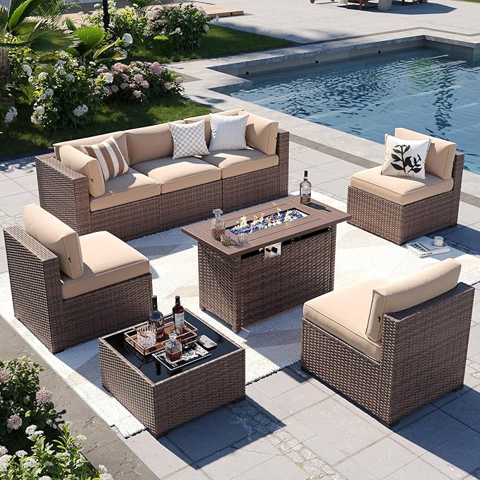 Aoxun Patio Furniture Sets, 8-Piece Outdoor Patio Furniture with 44'' Propane Gas Firepit Table, Wicker Outdoor Conversation Set Sectional Sofa for Backyard, Poolside, Garden