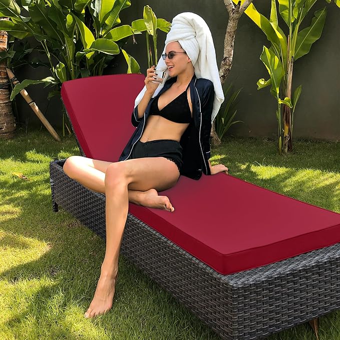 Outdoor Chaise Lounge Cushion Set of 2, Fadesafe Water-Repellent Lounge Deck Reclining Chair Cushions for Patio Furniture Lawn Pool Resort Hotel, 80x26x3 Inch, Burgundy