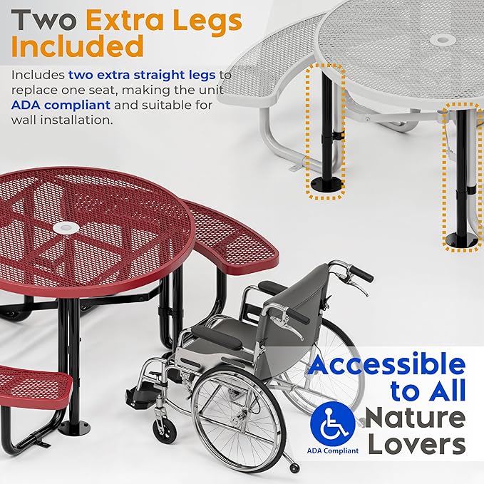 OUTTANS Metal Picnic Tables for Outdoors with Umbrella Hole - Coated Steel Heavy Duty Commercial Grade Furniture Set with Adjustable Seats (Red, 46 in, Round, Expanded Steel)