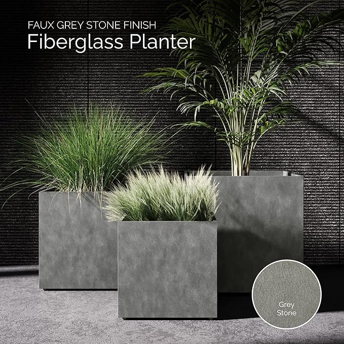 Reglito Cube Planter – Fiberglass Indoor/Outdoor and Weather-Resistant Large Planter (Grey Stone, 31.5" L x 31.5" W x 32.1" H)
