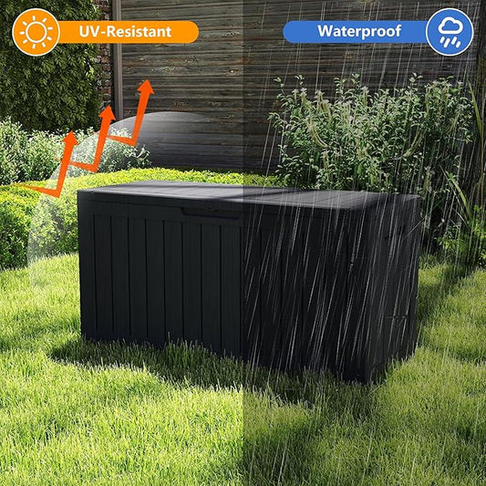80 Gallon Outdoor Storage Box Waterproof, Resin Deck Boxes with Lockable Lid & UV-Resistant for Patio, Pool, Garden Furniture Cushions & Accessories, Black