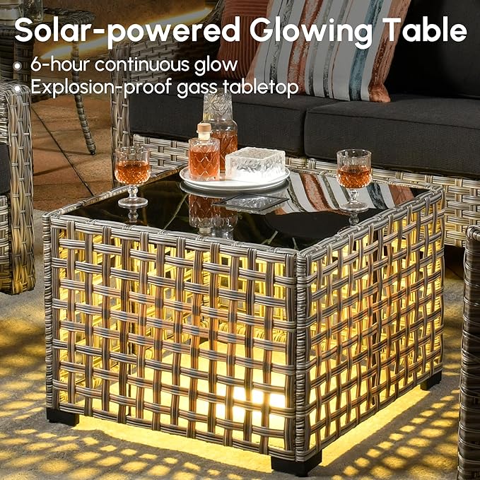 4 Pieces Patio Outdoor Furniture Set,All Weather Wicker Rattan Patio Seating Sofa and Chair Set w/ 3-Seater Sofa and Glowing Coffee Table,Outdoor Conversation Sets for Deck Yard Garden,Black