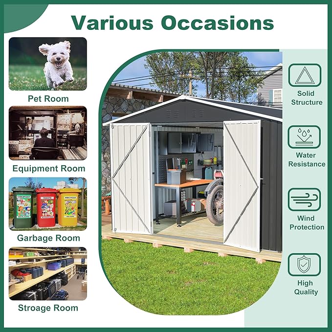 Favfurish Outdoor Storage Shed 10×12 FT,Metal Waterproof Tool Sheds with Lock and Key,Heavy-Duty Sheds Unit W/Doors and Vents,Galvanized Steel Garden House for Storing Bicycles,Barbeques,Black