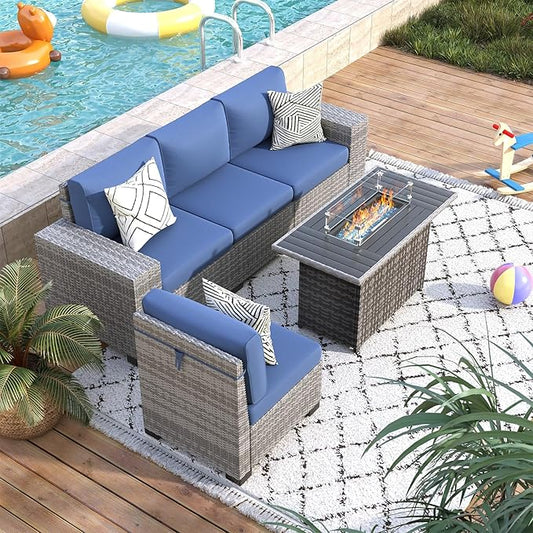 5 Piece Patio Furniture Set with Fire Pit Table, Outdoor Conversation Sets Grey Wicker Rattan Sectional Sofa, 4'' Thickened Cushion Navy Blue (Include Waterproof Cover)