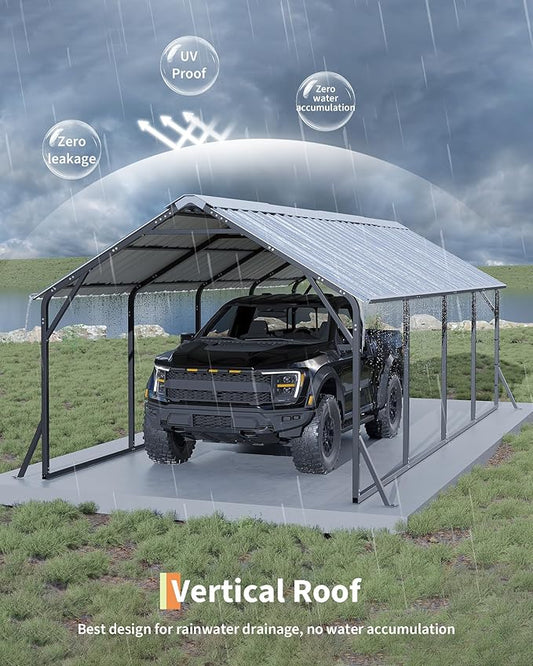 Garveelife 11 ft x20 ft x9 ft Vertical Roof Metal Carport, Heavy Duty Steel Car Ports for All-Weather, for Full-Size Pickup Trucks, Boats, and Tractors