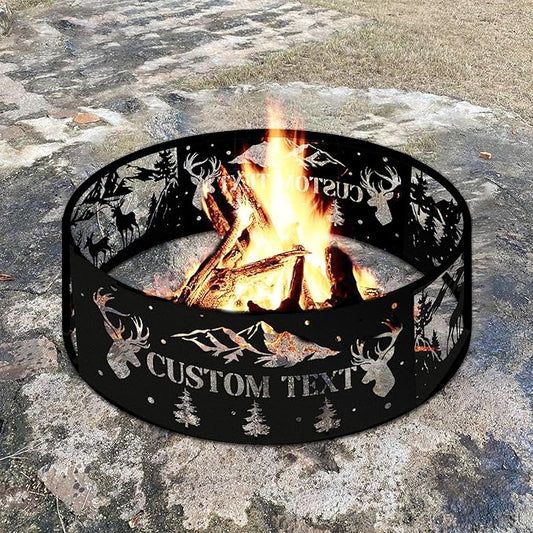Personalized Deer Fire Pit Ring 360 Degree, Outdoor Fireplace, Custom Text Fire Pits for Outside Wood Burning, Patio Firepit, Camping Bonfire Firepits, BBQ Backyard Garden Decor
