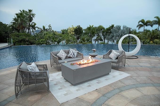 AMS Creations | Sedona Fire Pit Table with Pull-Out Propane Tank Storage Drawer | Concrete Rectangular Propane Fire Pit | Modern Outdoor Furniture | Lava Rock and Fabric Cover Included. (Light Grey)