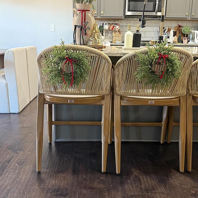 PURPLE LEAF Outdoor Barstools Set of 2 Wicker Bar Stools Woven Bar Height Stool Bar Chairs Aluminum Bar Stools with Back for Patio Island Lawn Kitchen Teak