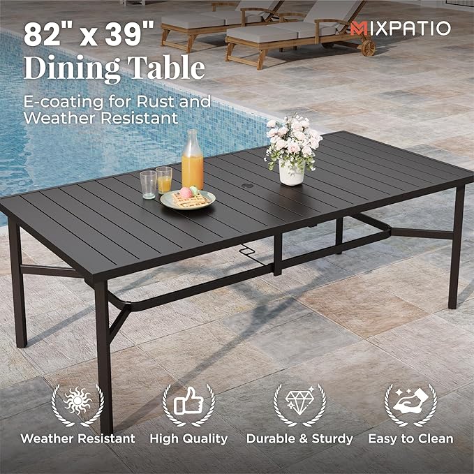9 Pieces Patio Table and Chairs Set, Patio Dining Set for 8, 8 Brown Textilene Chairs and 1 83” Rectangular Patio Dining Table with Umbrella Hole, for Deck Backyard Lawn Poolside