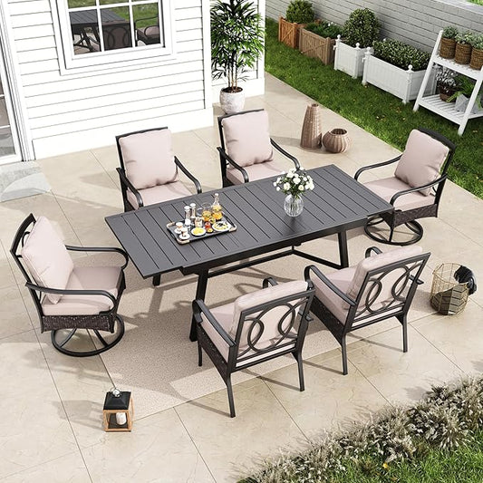 MFSTUDIO Patio Dining Furniture Set, Expandable Metal Table and Swivel & Leg Chairs, Heavy Duty 7 Pieces Outdoor Dining Set for 6, Patio Rectangular Table Set for Deck, Backyard and Garden