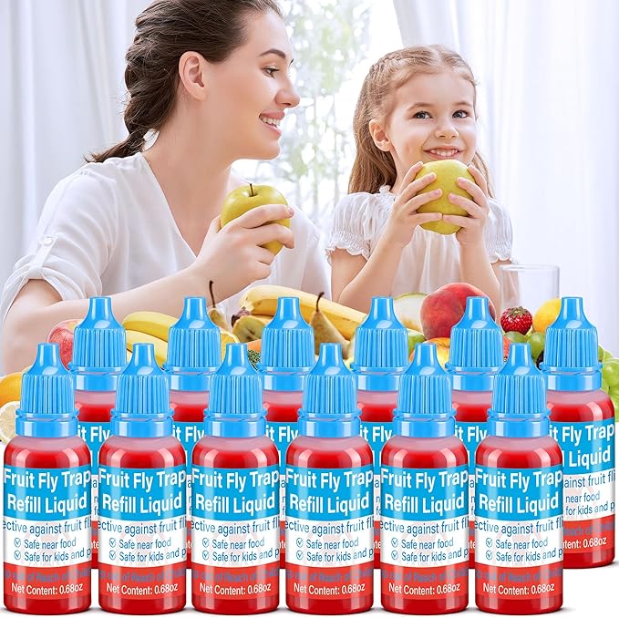 Fruit Fly Trap Refills Liquid Only, 12 Pack Fruit Fly Traps for Indoors, Refill Liquid for Gnats Fruit Fly and Mosquito Traps, Fruit Bait Home, Kitchen, Safe Near Pets and Food