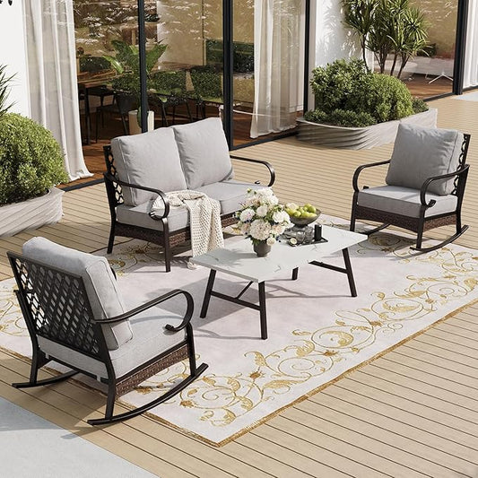 4 Piece Metal Outdoor Patio Furniture Sets, Patio Conversation Sets 1 Loveseat, 2 Rocking Sofa with 5.75" Extra Thick Cushion & Coffee Table, Balck Frame Backyard Furniture, Light Gray