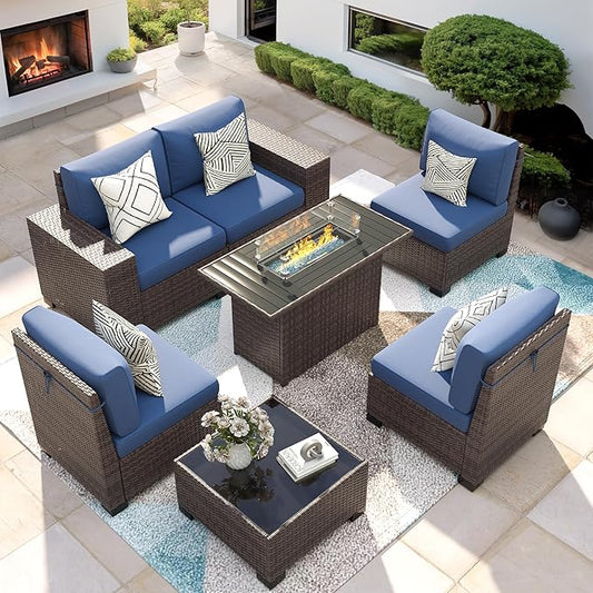 7 Piece Patio Furniture Set with Fire Pit Table, Outdoor Conversation Sets Wicker Rattan Sectional Sofa with Coffee Table, 4'' Thickened Cushion Navy Blue (Include Waterproof Cover)