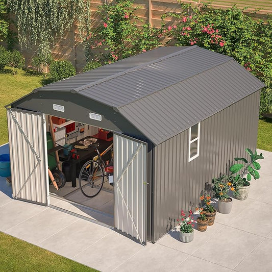 10×12 FT Outdoor Storage Shed,Heavy-Duty Metal Shed with Floor Base,All Weather Waterproof Tool Shed W/Diamond Roof & Windows,Lockable Double Door & 4 Air Vents,for Backyard,Patio,Lawn,Gray