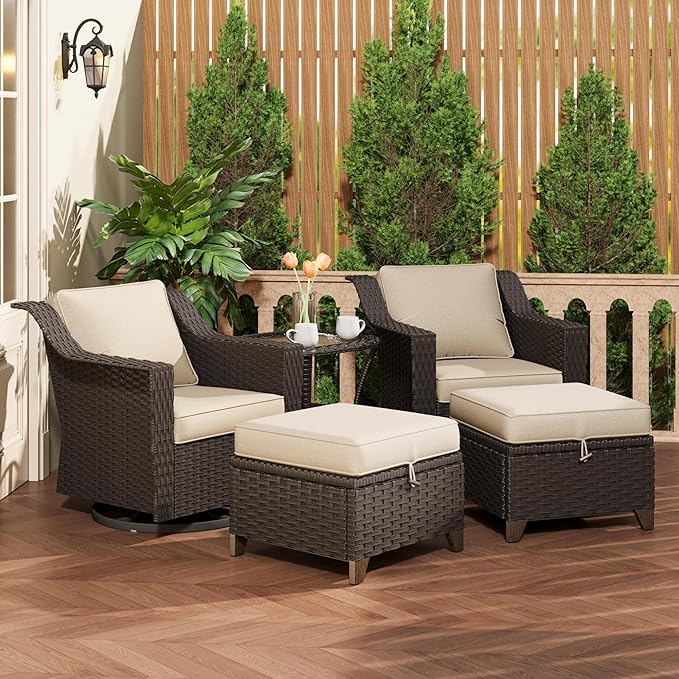 5 Pieces Patio Conversation Furniture Set - Swivel Chairs with Ottomans Set of 2, 1 Side Table, Outdoor Wicker Furniture Set with Washable Cushions for Porch, Balcony, Sunroom (Beige)