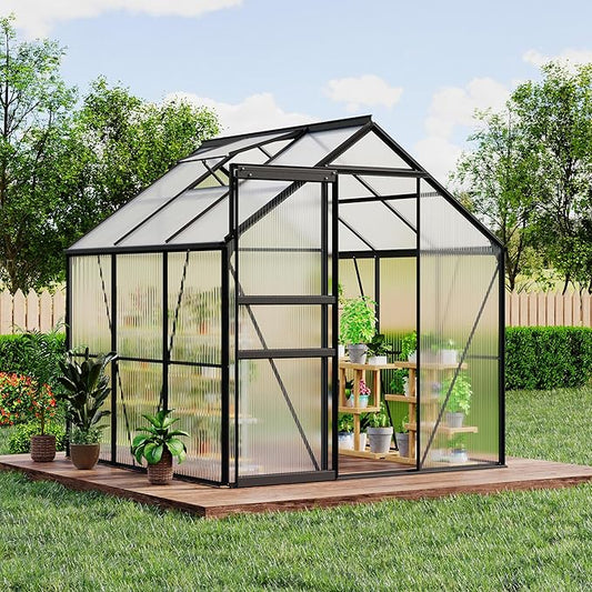 GarveeHome 6 x 6 FT Polycarbonate Greenhouse, Winter Greenhouses for Outdoors with Aluminum Frame, Sliding Door, Adjustable Roof Vent, Backyard Green Houses, Patio Garden, Black