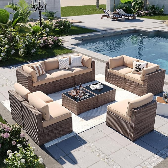 Aoxun Patio Furniture Sets, 10-Piece Outdoor Patio Furniture with Thick Cushions, Wicker Outdoor Conversation Set Sectional Sofa for Backyard, Poolside, Garden