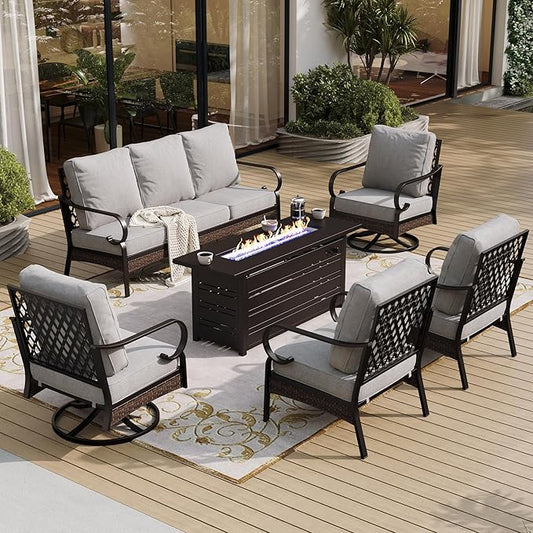 6 Piece Black Metal Outdoor Patio Furniture Set with Firepit Table, Patio Conversation Sets 1 3-Seater Sofa, 2 Leg Sofa & 2 Swivel Sofa with 5.75" Cushion for Backyard Deck, Light Gray