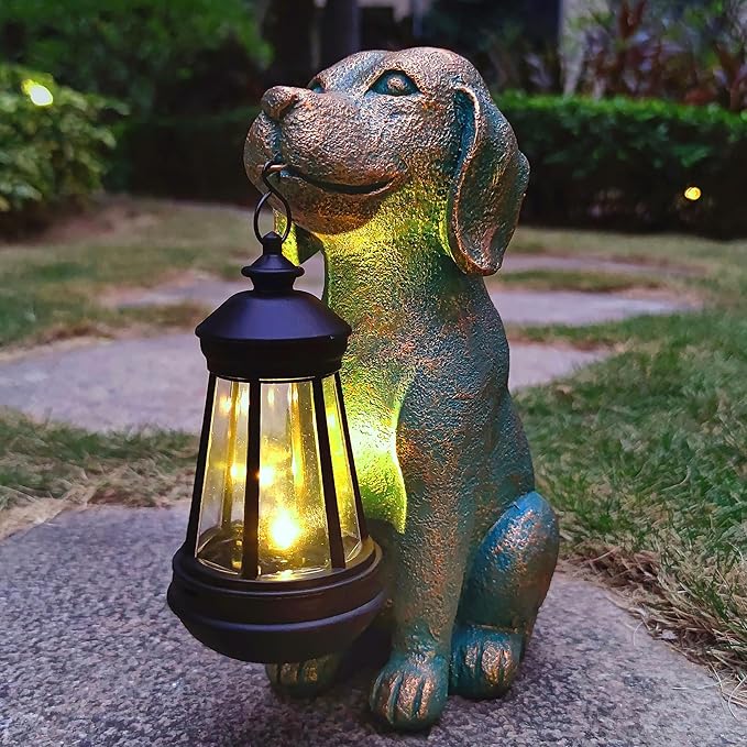 RCTTICUU Dog Garden Statue Outdoor Décor with Solar Lights Lantern,Dog Solar Light Figurines Outside Decorations for Yard，Lawn ,Patio, Balcony, Unique Housewarming Gifts