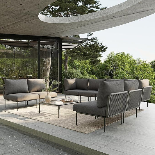 9 Piece Modern Outdoor Rope Wicker Sectional Patio L-Shaped Conversation Sofa Set Deep Seating with Thick Cushions