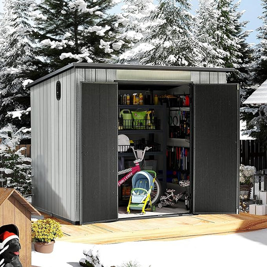 Domi 6.2x7.8 FT Outdoor Resin Storage Shed, All-Weather Double-Wall Storage Building with Sloping Roof for Backyard, Garden, Lawn Tools, Mower, Bike & Pool Equipment, Lockable Doors, Ventilated Roof