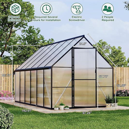 Polycarbonate Greenhouse for Outdoors, Large Walk-InGreenhouse with Quick Setup Structure and Roof Vent, Greenhouse with Ventilation and Rain Gutter