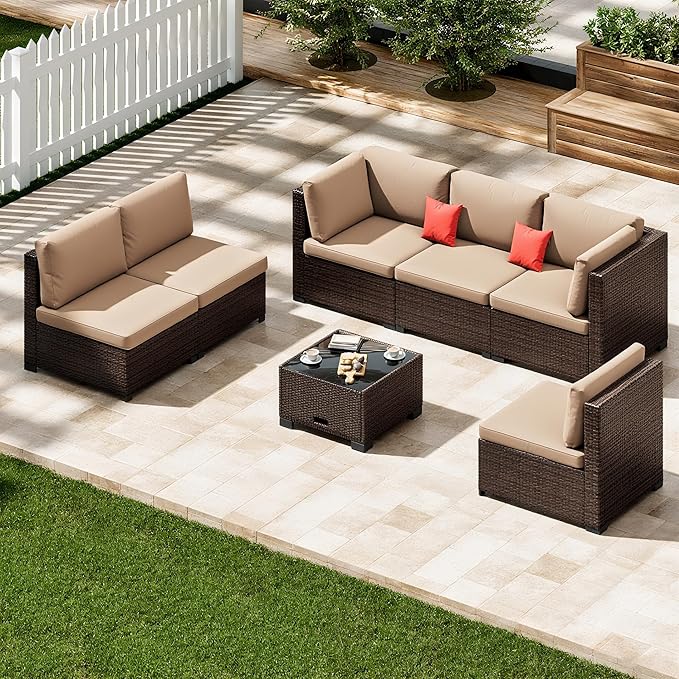 7 Piece Patio Sectional Furniture Set Outdoor Furniture Brown Rattan Outdoor Sectional & Patio Sectional - Hand-Woven Wicker Outdoor Sectional Beige Cushions Glass Table