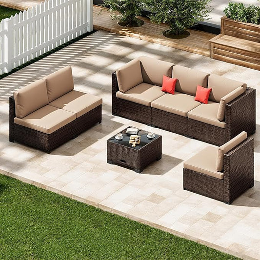 7 Piece Patio Sectional Furniture Set Outdoor Furniture Brown Rattan Outdoor Sectional & Patio Sectional - Hand-Woven Wicker Outdoor Sectional Beige Cushions Glass Table