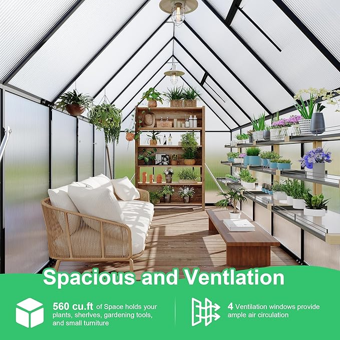 Polycarbonate Greenhouse for Outdoors, Large Walk-InGreenhouse with Quick Setup Structure and Roof Vent, Greenhouse with Ventilation
