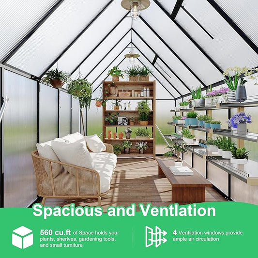 Polycarbonate Greenhouse for Outdoors, Large Walk-InGreenhouse with Quick Setup Structure and Roof Vent, Greenhouse with Ventilation
