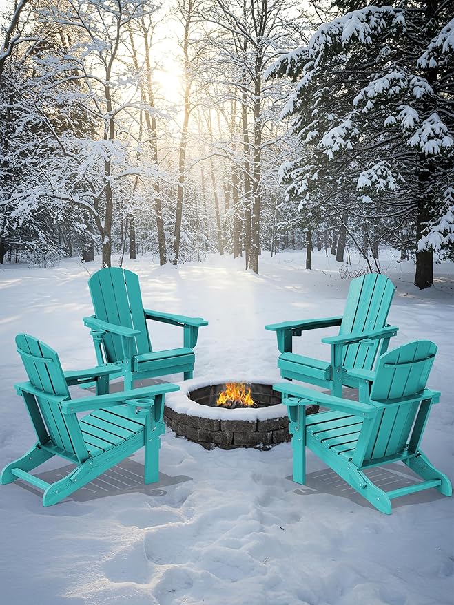 KINGYES Folding Adirondack Chair Set of 8, Dual Cup Holders & All-Weather HDPE, Wood-Like Patio Chair for Backyard, Camping, Pool & Fire Pit, Aruba
